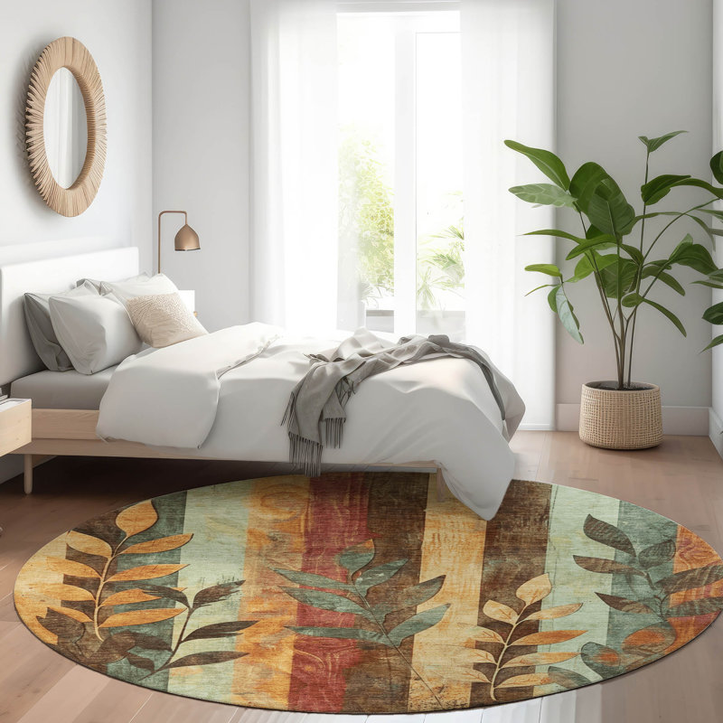 Machine Washable Indoor/Outdoor Xhevrie Wheat Rug, Round 8'