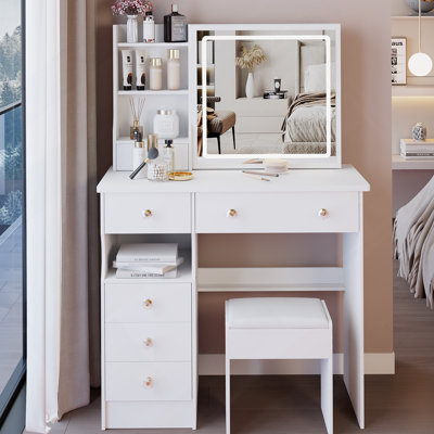 Ensemble de coiffeuse de bureau avec tabouret rembourré, 2 prises CA et 2 prises USB, support pour sèche-cheveux et miroir coulissant à DEL