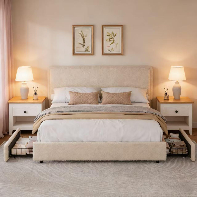 Cadre de lit avec 2 tiroirs de rangement et tête de lit rembourrée, cadre de lit rembourré en tissu polaire effet peluche, sommier non nécessaire