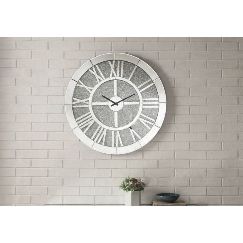 Noralie 31" Round Mirrored Wall Clock with Faux Diamonds