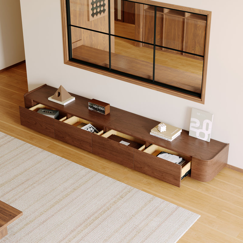Ayrah 94.5" Mid Century Modern TV Stands, 4 Drawers, Solid Wood Brown Media Console, 11.4" H x 94.5" L x 15.7" W, Brown