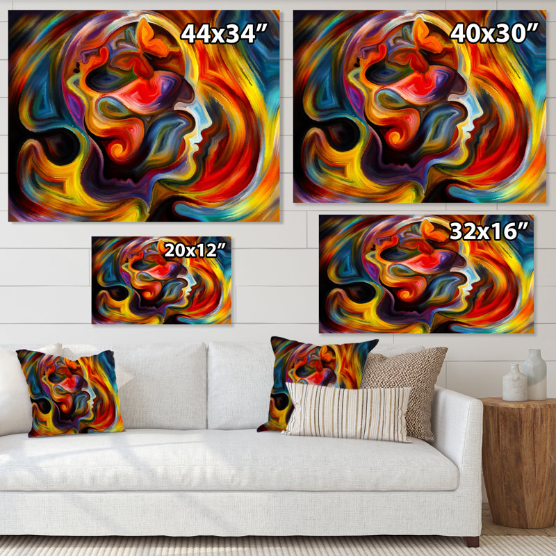 Visage sortant de coups de rouge et de jaune - Peinture sur toile, H 30 po x l 40 po, Toile tendue
