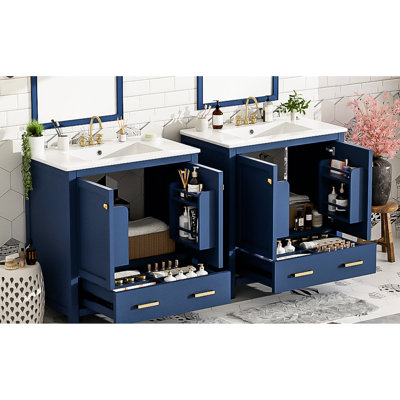 Meuble-lavabo de 60 po en bleu, avec deux lavabos et extérieur imperméable - Les éviers en céramique peignent votre armoire