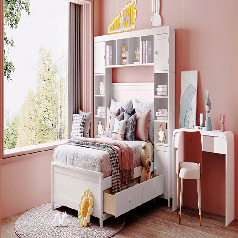 Structure de lit double en bois, armoire tout-en-un, tablette