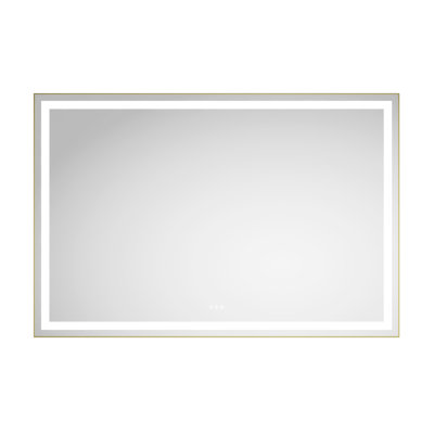 Miroir de salle de bain 72 po x 48 po à DEL. Brouillard, 3 couleurs, gradation continue. Fixé au mur avec un cadre en aluminium doré brossé et des réglages d'éclairage uniques