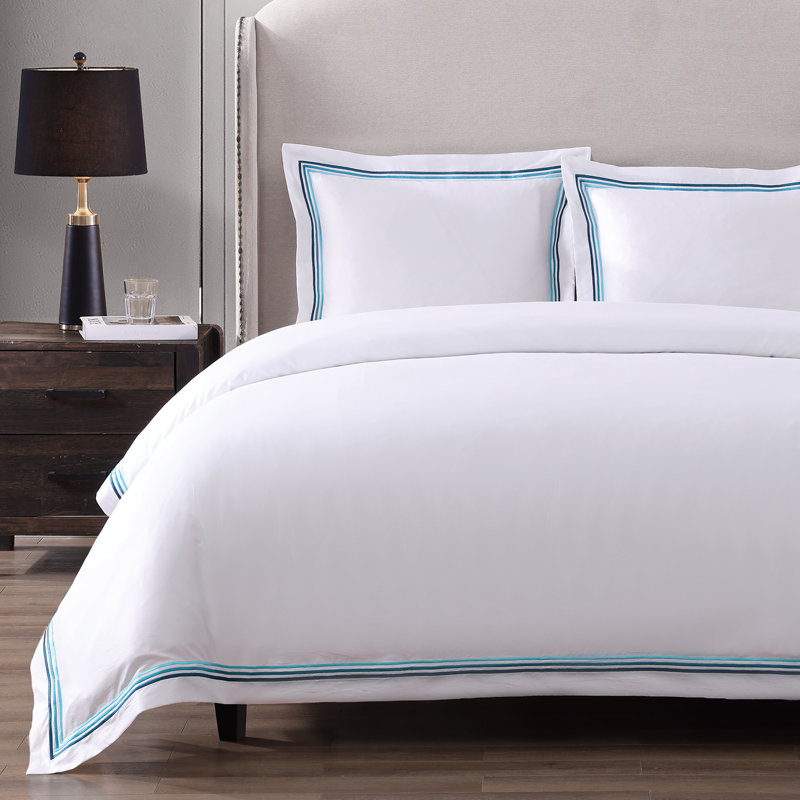 Triple Luxe Sateen Duvet Cover Set , Queen Duvet Cover + 2 Standard Shams, White/Teal