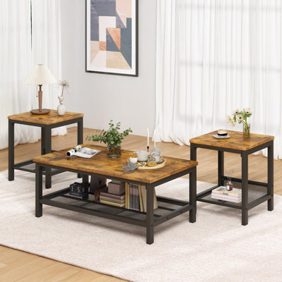 Living Room Table Set Of 3, Modern Coffee Table With Mdf Broad Tea Table & 2 End Side Tables, Space-saving Coffee Table Set With Metal Frame For Livin by Ebern Designs