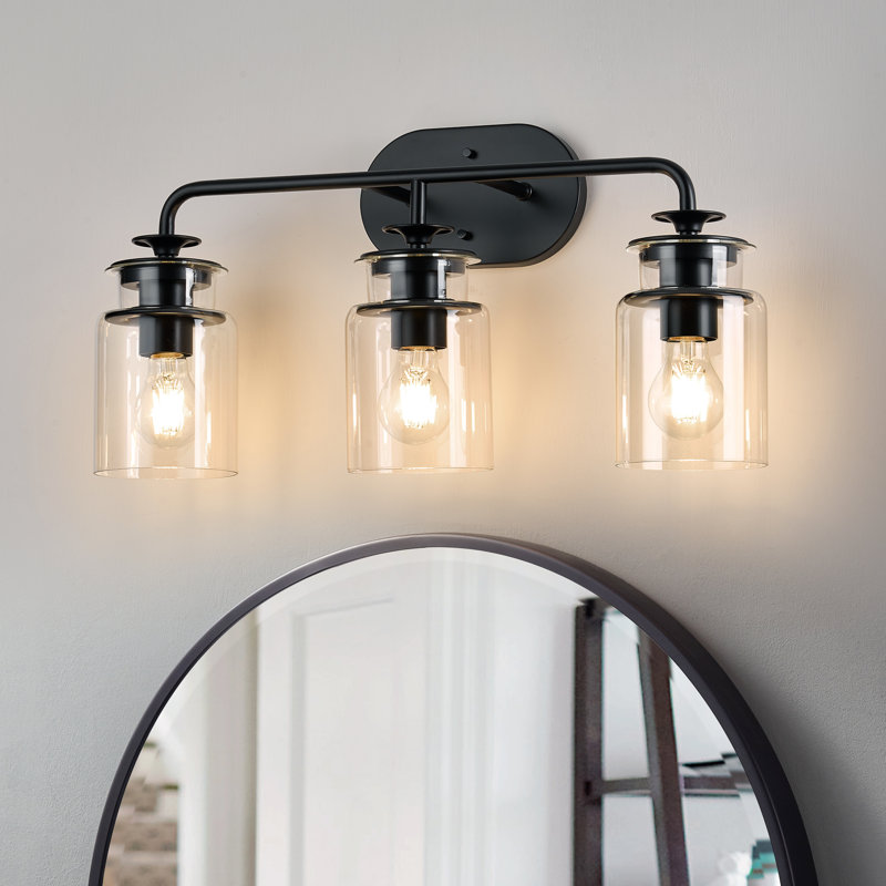 Éclairage de salle de bain à intensité variable à 3 lumières de style campagne noir mat avec abat-jour en verre transparent Adhnan