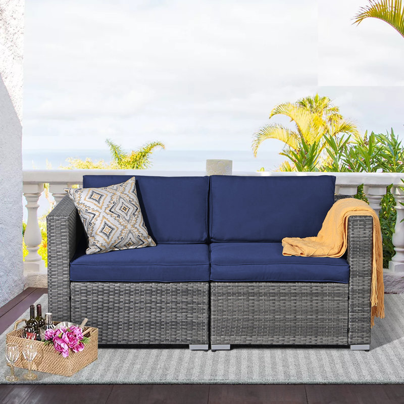 Gerdt 59.2'' Wide Wicker Loveseat with Cushions, Navy Cushion//Gray Frame