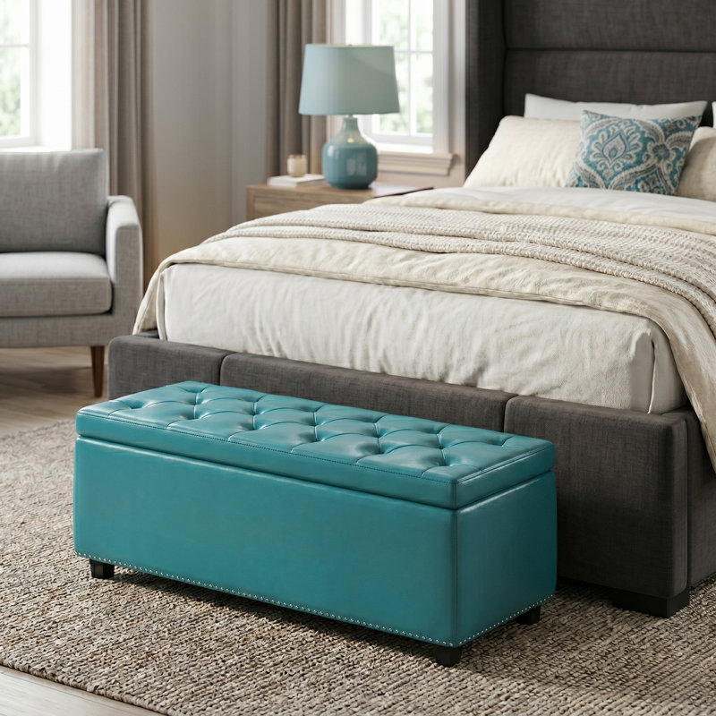 Banc de rangement avec repose-pieds clouté rectangulaire en cuir Vegan, Similicuir bleu méditerranéen