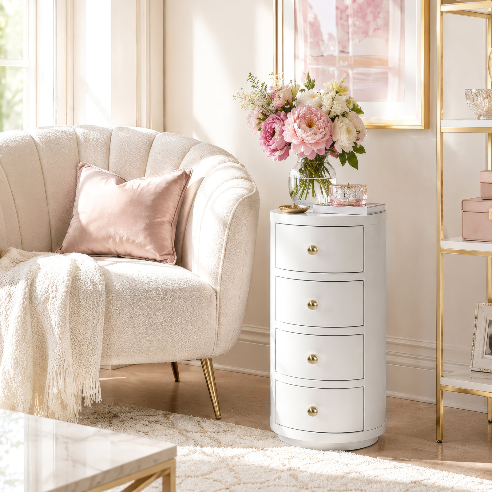 Celine 4-Drawer Acacia End Table, Smooth White