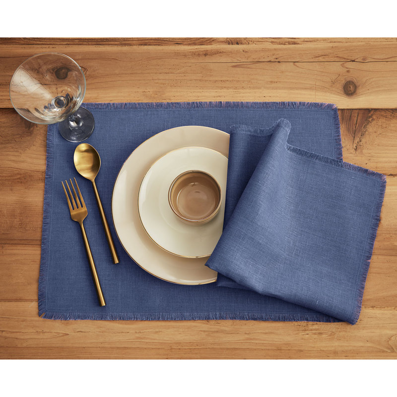 Fringe - 100% Pure Linen Dinner Napkins, Vintage Blue