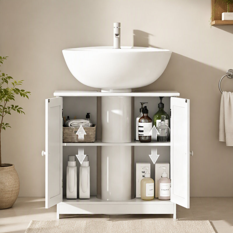 Élégant meuble-lavabo à piédestal et armoire de salle de bain sous le lavabo, White, Gold