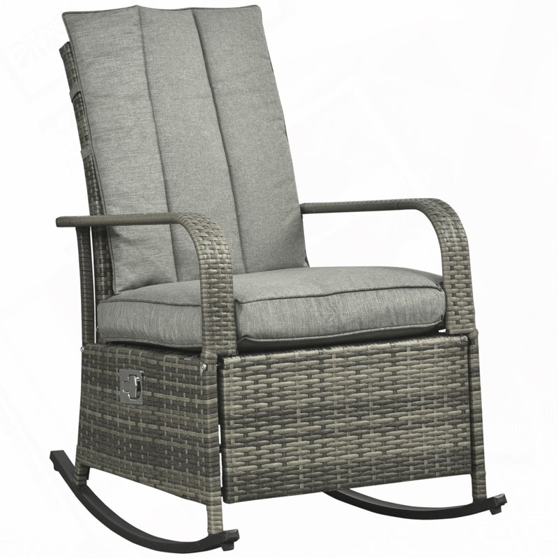 Chaise berçante d'extérieur en osier et rotin, Coussin gris / cadre gris