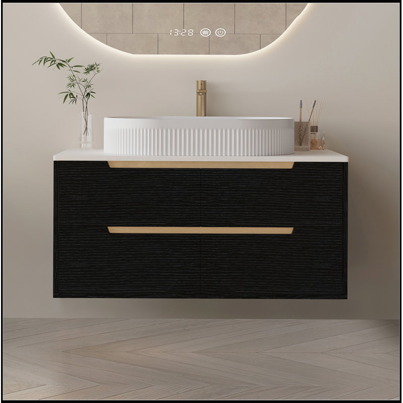 Meuble-lavabo de 36 pouces avec lavabo intégré en céramique et tiroirs à fermeture en douceur, autoportant ou mural pour un style polyvalent