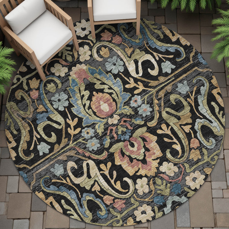 Machine Washable Indoor/Outdoor Husby ACN2193 Floral Rug, Round 8'