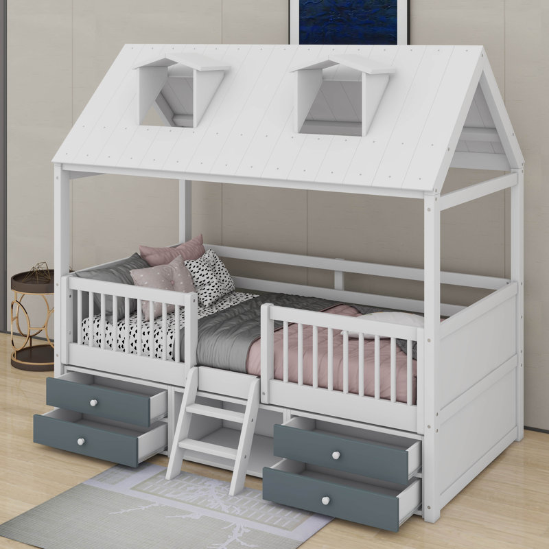 Twin Size Wood House Bed, White