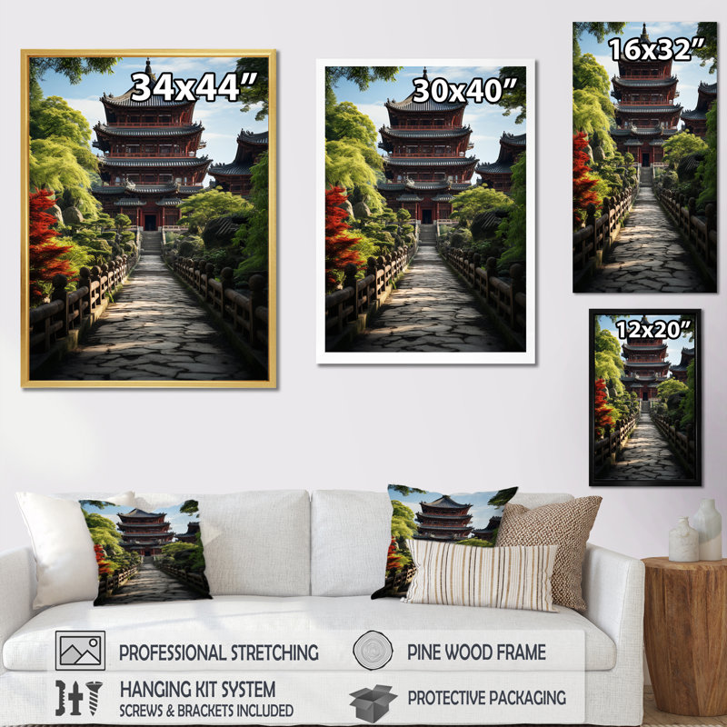 Tasheena, art asiatique, pagode sereine VI - impression, H 44 po x l 34 po x P 1,5 po, Toile avec cadre flottant noir