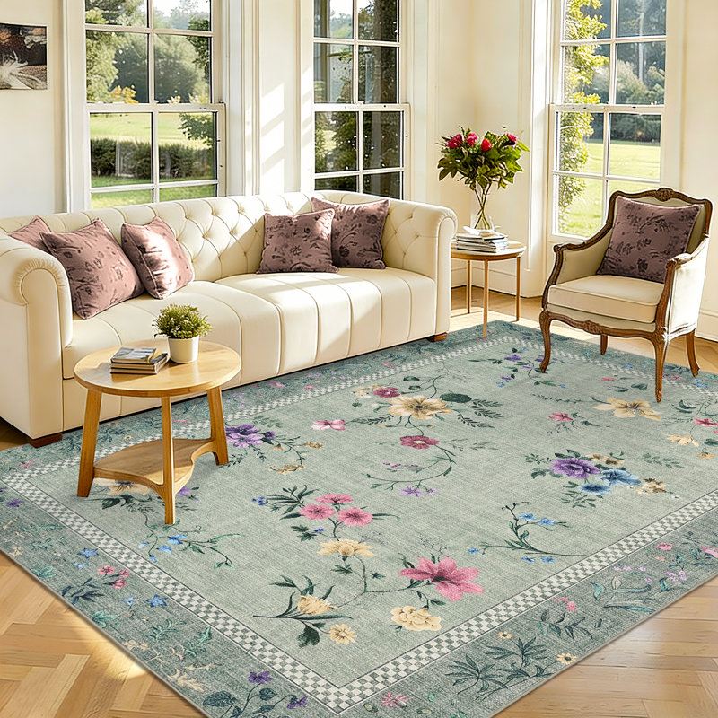 Washable Area Rugs for Living Room Modern Floral Bedroom Rugs for Dining Room OfficeContemporary Home Decor Rug, Green