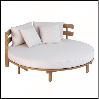 Durable Acacia Wood Round Daybed with Slatted Backrest, Cushion, and 4 Pillows for Outdoor Relaxation and Comfort