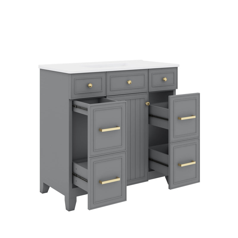 Meuble-lavabo de 36 po avec lavabo en céramique robuste, portes à fermeture en douceur, tablettes flexibles et tiroirs spacieux
