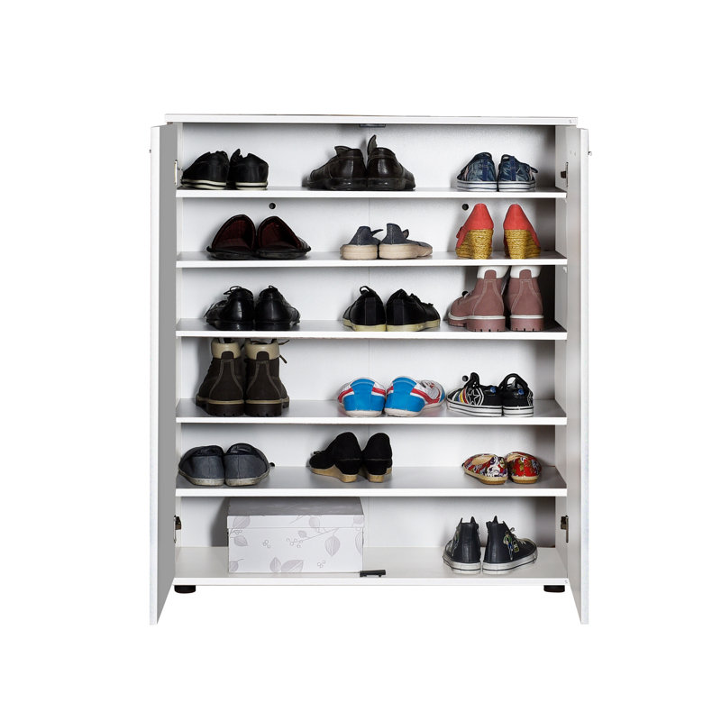 Armoire à chaussures moderne blanche avec nombreuses tablettes, 35,4 x 42,5 x 13,8 pouces | Panneau de particules enduit, épaisseur: 0,6 pouce | Conception murale, solution de rangement élégante pour l'entrée et le couloir