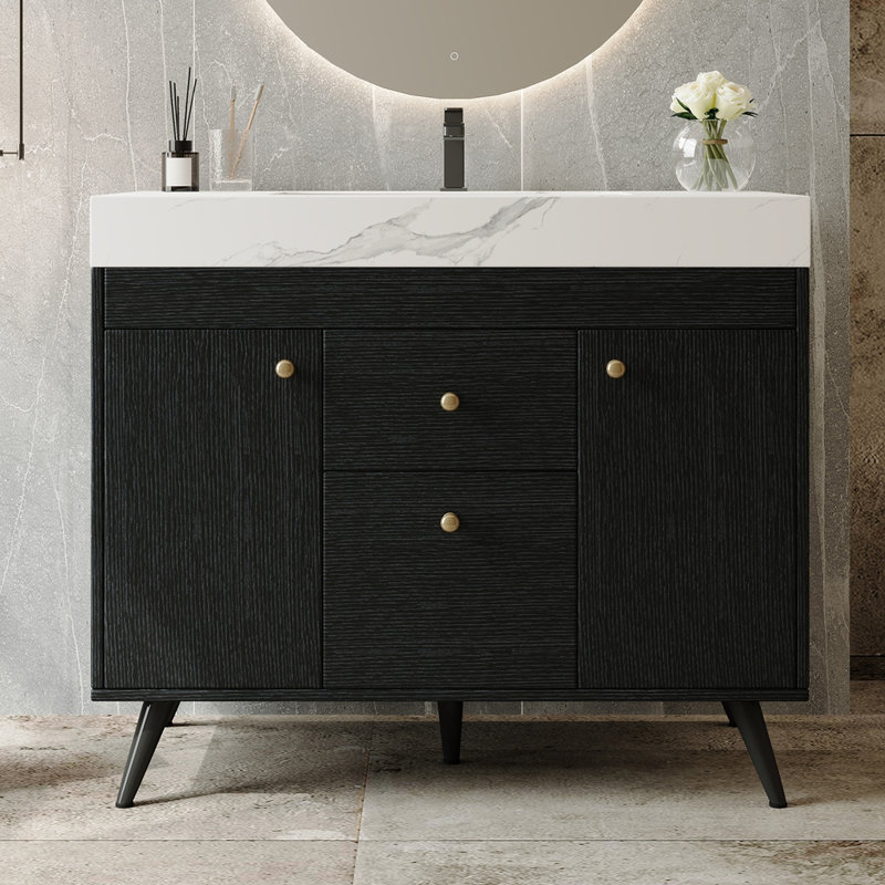 Meuble-lavabo autoportant moderne de 36 po avec plateau en pierre frittée, lavabo en céramique et rangement intelligent