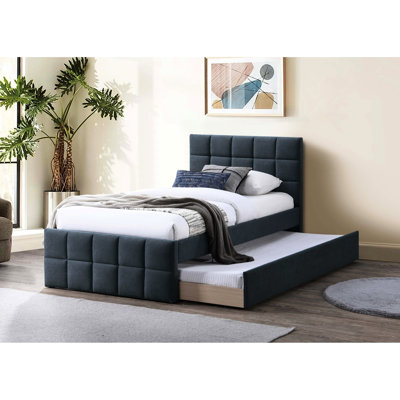 Contemporary Full Size Bed With Trundle, Charcoal Linen Upholstered, Grid Pattern Headboard And For Alluring Bedroom Upholstered Trundle Enchanting Bedroom,