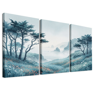 Ensemble de 3 toiles murales représentant une vue brumeuse sur l'océan avec des arbres et des fleurs sauvages