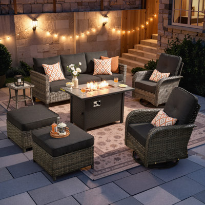 Jordanlee 7- Person Outdoor Seating Group With Rocking Swivel Chairs With Fire Pit Table