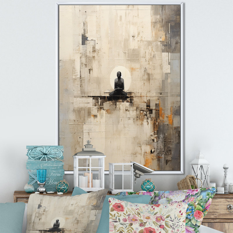 Abstrait bleu et blanc Yoga Mediation III - impressions sur toile de yoga, Cadre flottant blanc, H 44 po x l 34 po