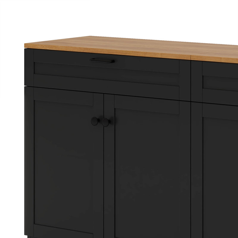 Meuble télé avec 2 tiroirs Farmhouse, grain de bois et poignées rustiques, Noir