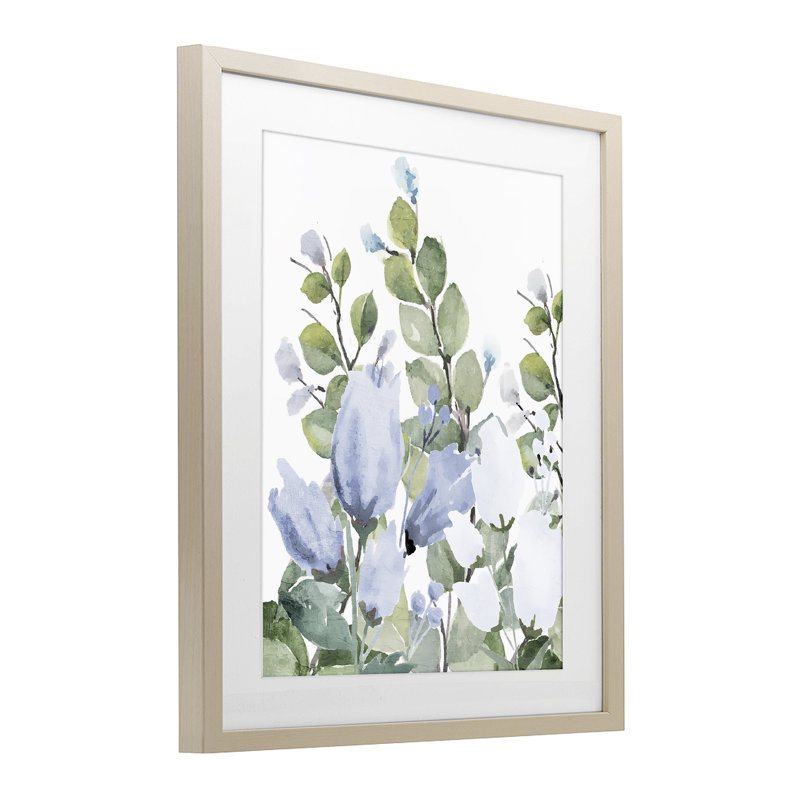 «Blue Spring Botanicals», reproduction d'art sous verre, conception de Kim Allen, H 21 po x l 17 po, Cadre de récolte en pin