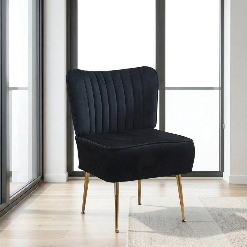 Accent Side Chair With Gold Legs, Black Velvet