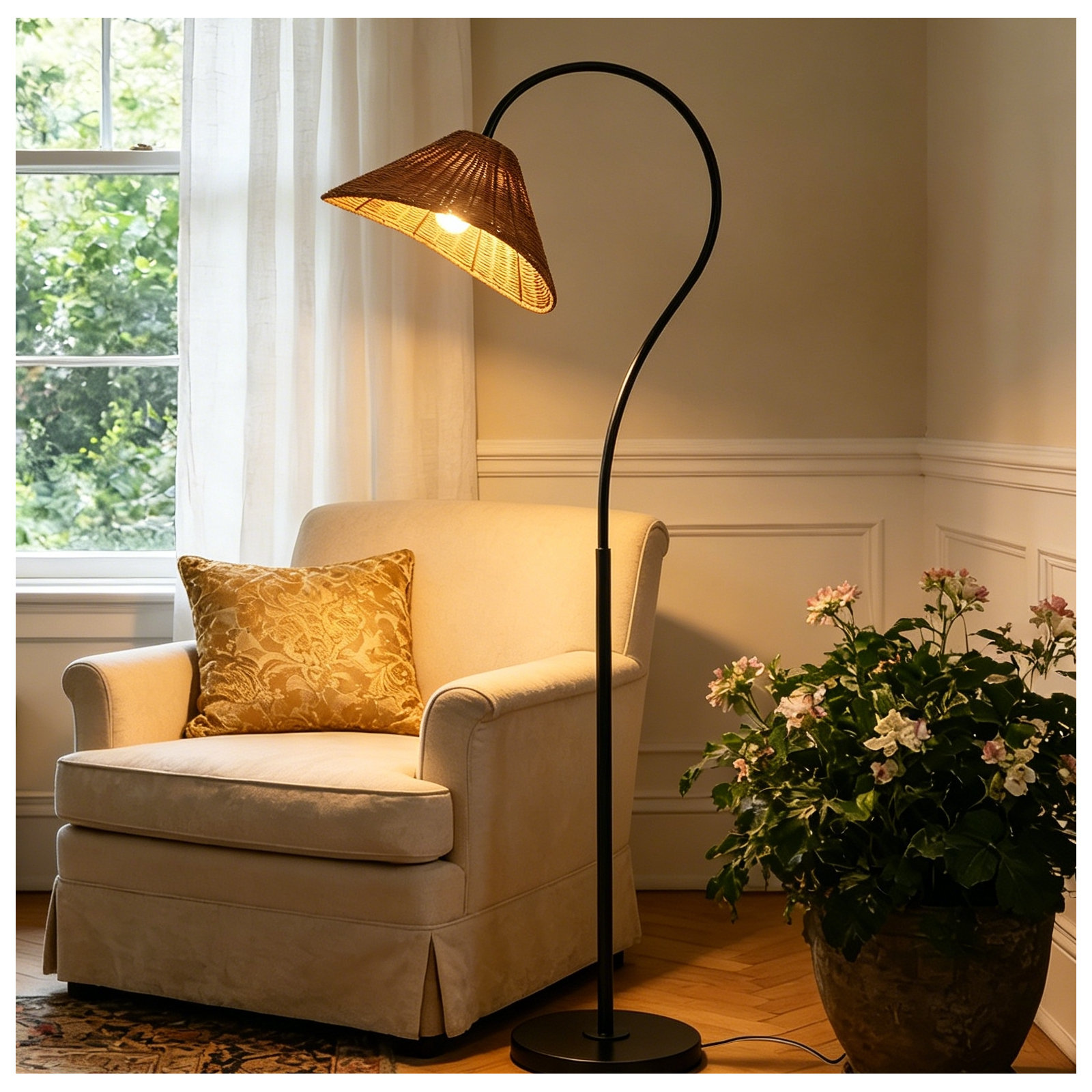 65” Arched Dimmable Rattan Floor Lamp, Black