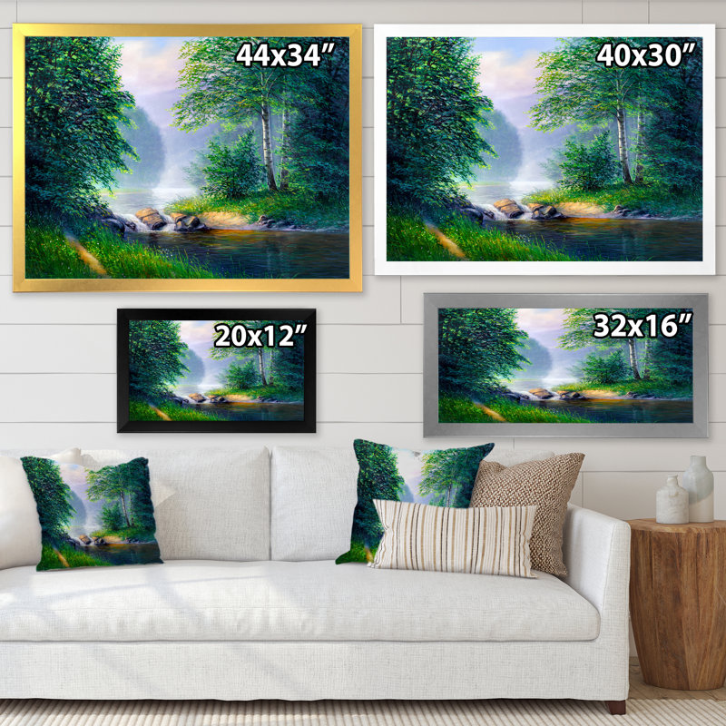 Paysage d'été d'une rivière forestière - œuvre d'art traditionnelle sur toile, H 8 po x l 12 po x P 1 po, Cadre photo argenté