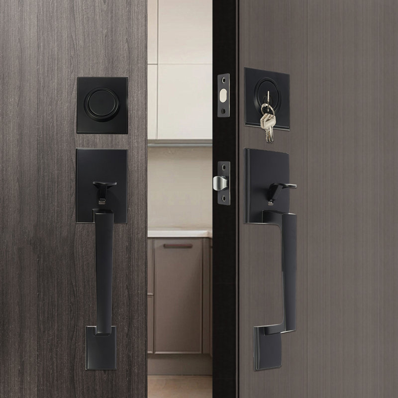 Double Front Door Lock Set Door Set With Reversible Handle Lever, Matte Black