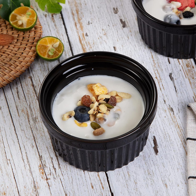 8oz Porcelain Ramekins Set of 8 – Oven Safe & Stackable Souffle and Creme Brulee Dishes – Custard Cups and Dessert Bowls for Baking, Appetizers, Dips – Black