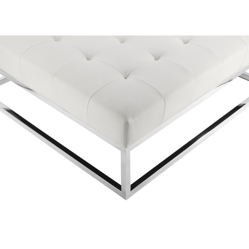 Lusso Upholstered Ottoman, White Faux Leather, Gold
