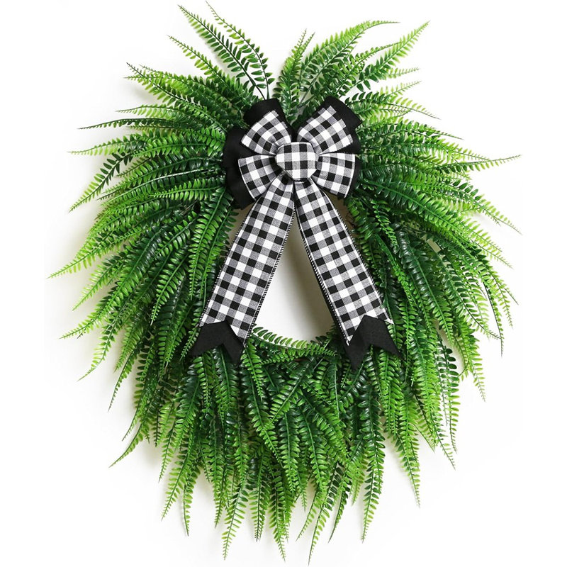 Couronne de porte d'entrée - Vert - 24 po Feuille de fougère Boston, printemps / été, extérieur / intérieur décor de ferme