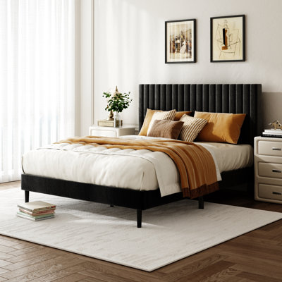 Lit plateforme en velours double avec tête de lit ajustable, cadre de lit tapissier moderne, noir
