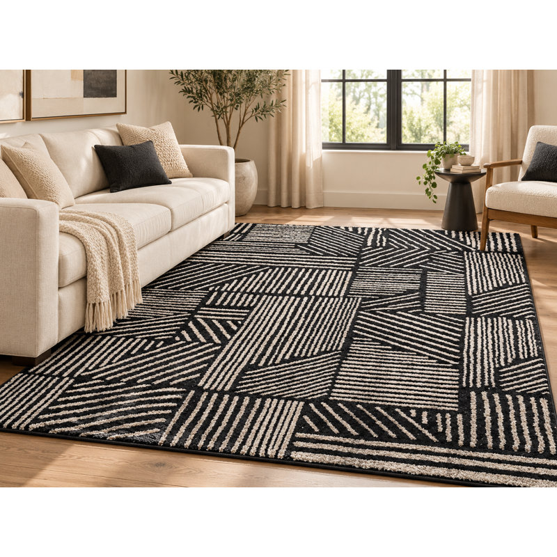 Rambo Geometric Black/Ivory Area Rug, Black, Rectangle 7'10" x 10'
