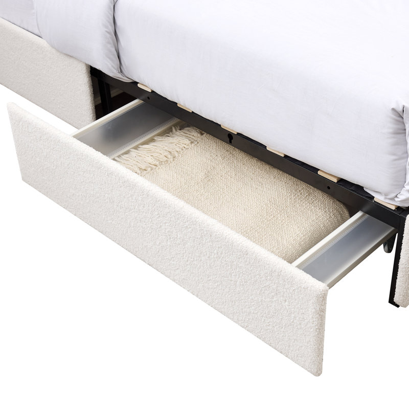 Lit plateforme tapissier avec 2 tiroirs, tête de lit capitonnée surpiquée, support de matelas à lattes en bois, aucun sommier nécessaire