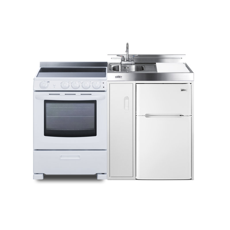 White Stainless Steel All-in-One Kitchenette with Refrigerator, Sink, and Range