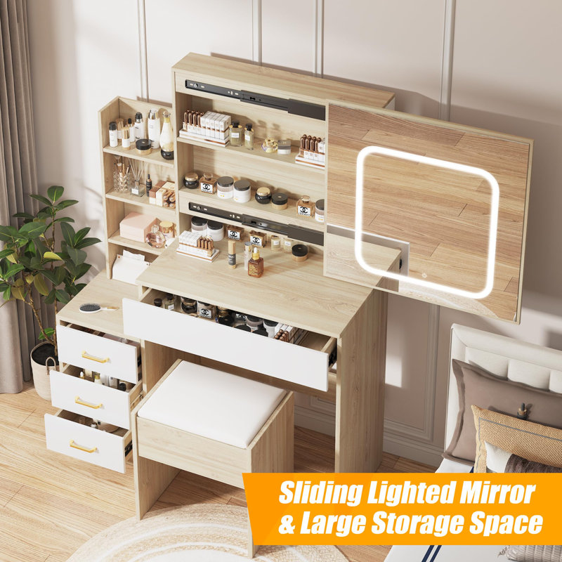 Vanity Desk With Sliding Mirror And Lights, Brown/White