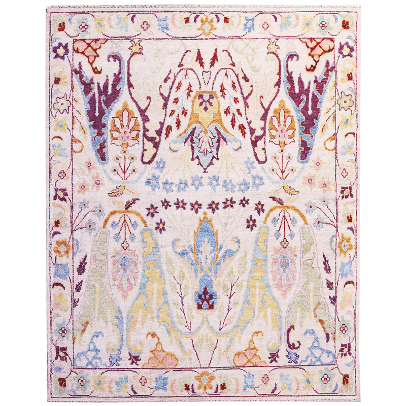 Tapis rectangulaire rouge / jaune / bleu noué à la main à motif floral, Rectangle 8 pi x 10 pi