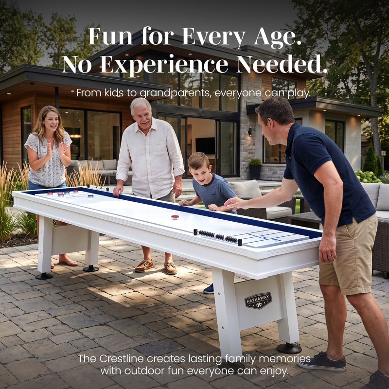 Hathaway Crestline 12 Ft Outdoor Shuffleboard Table for Patio, Yard & Deck - With Weatherproof Playfield, Built-In Scorer & Fitted Cover, Leg Levelers, 8 Pucks, Powder – White Finish