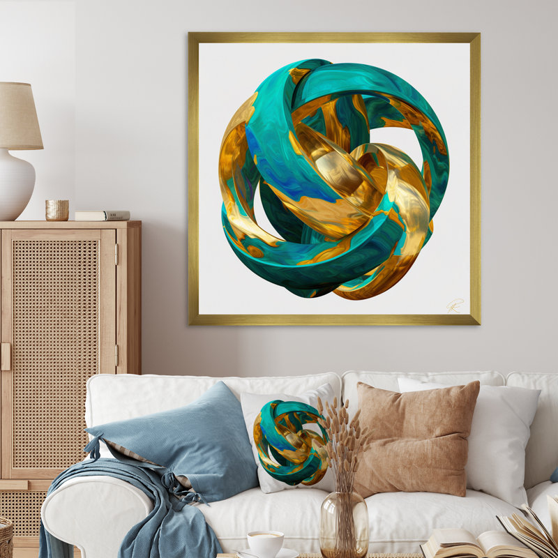 Confronting Infinity Turquoise Gold Sphere, reproduction d'art sur toile, H 24 po x l 24 po x P 1 po, Encadrement doré