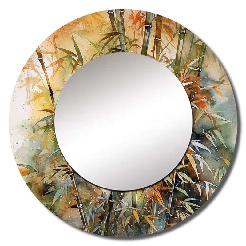 Radikha Green Floral Bamboo Bliss I - Floral Mirror, Green Round Decorative Wall Mirror, Printed Metal Art, 29" x 29"