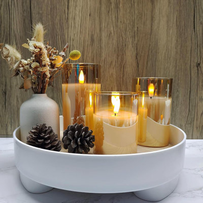 Glass Battery Operated LED Flameless Candles With Remote And Timer, Real Wax Candles Warm Color Flickering Light For Festival Wedding Home Party Decor(Pack Of 3)